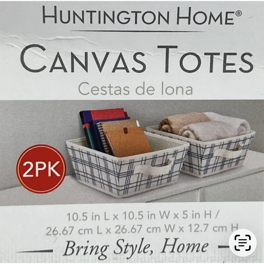 Aldi Huntington Home Canvas Totes 2PK Beige Storage Baskets Plaid Handles Small